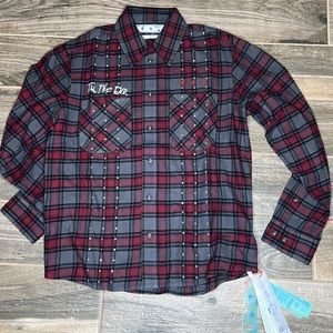 Off White Till the End Flannel Plaid Shirt with Rhinestones NWT